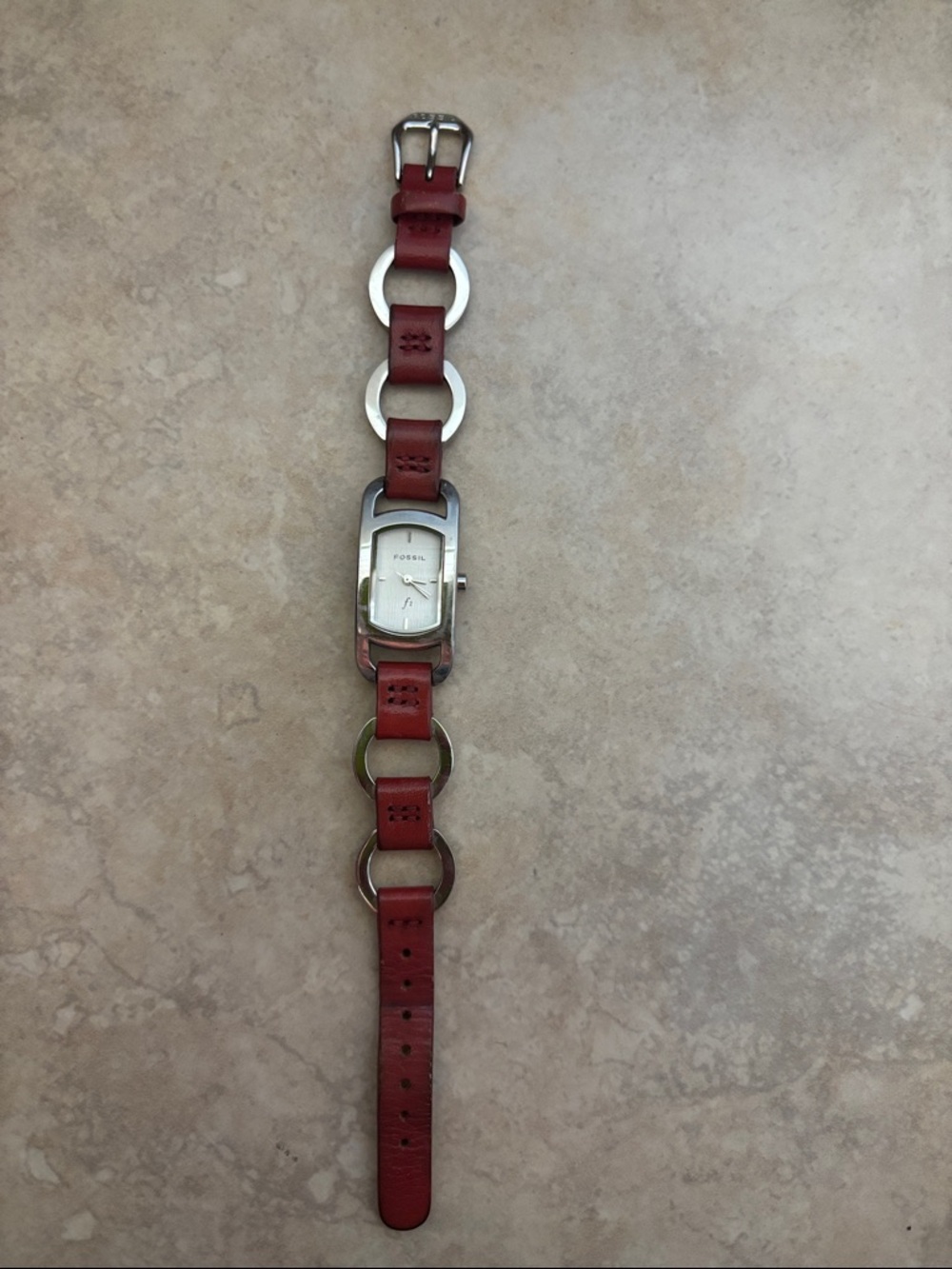 Fossil Red Leather Link Bracelet Watch with Silver Accents